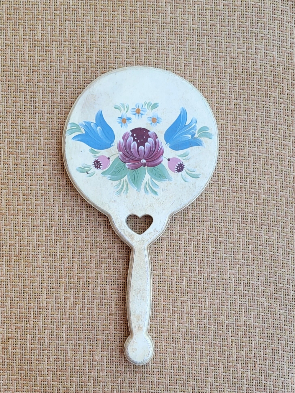 Vintage Hand Painted Floral Heart Handle Wooden Mirror